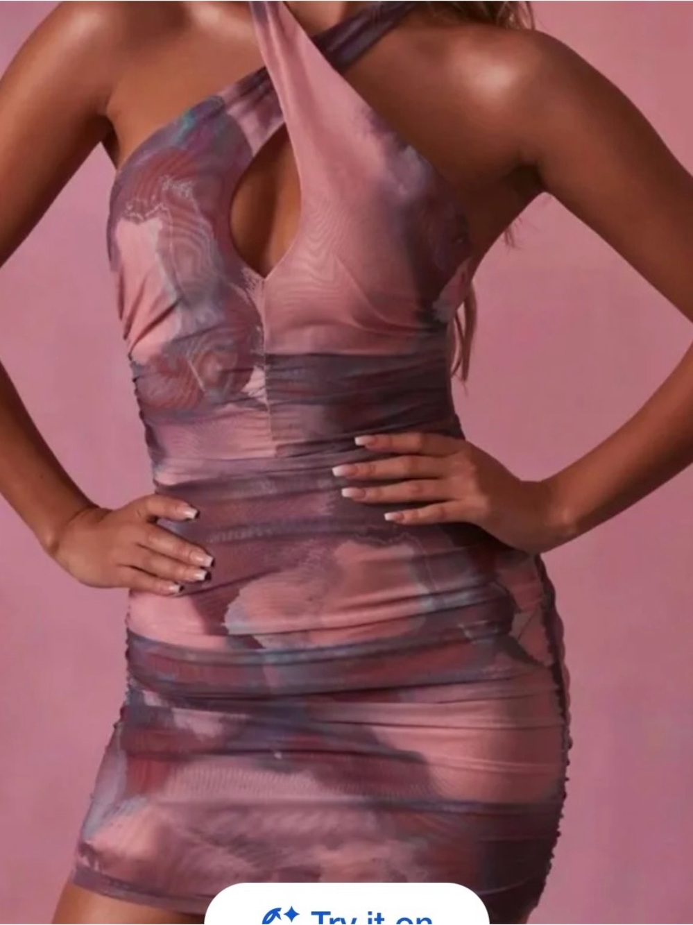 Oh Polly - crossover ruched mini dress Pink Marble-Print Bodycon Dress